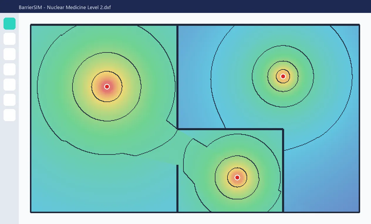 BarrierSIM showing a floor plan with shielding walls, three radioactive sources and a dose-rate heat map with isodose contours.